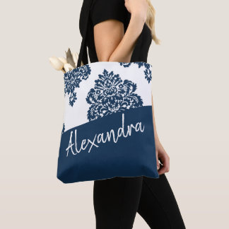 Tote Bag Bleu blanc Damas motif moderne personnalisé