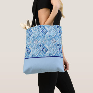 Tote Bag Bleu, Blanc en forme de diamant Bloc de couleur