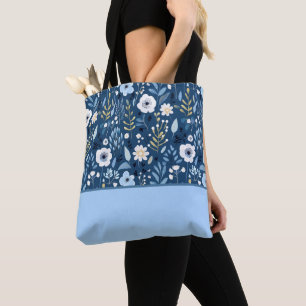 Tote Bag Bleu, Blanc, Fleurs Jaunes Bloc de couleurs