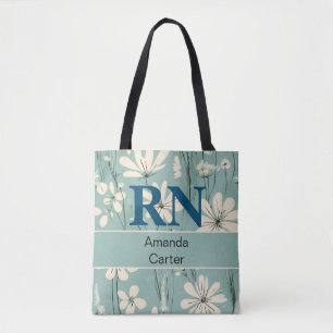 Tote Bag Bleu Blanc moderne marguerite Nom personnalisé RN