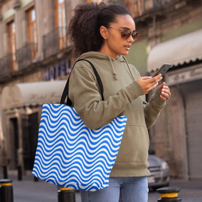 Tote Bag Bleu blanc ondulé rayures psychédélique hypnotique (Blue White Wavy Stripes Psychedelic Hypnotic Tote Bag, large tote bag, shopping bag, pattern)