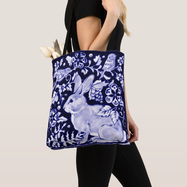 Tote Bag Bleu Bleu Lapin Lapin Oiseaux de lapin Rustique De (De près)