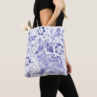 Tote Bag Bleu Bleu Lapin Lapin Oiseaux de lapin Rustique De