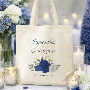 Tote Bag Bleu Bohème Chic Roses Noms des Mariés Mariage