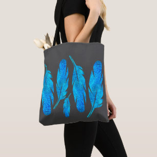 Tote Bag Bleu boho plumes bleu et gris