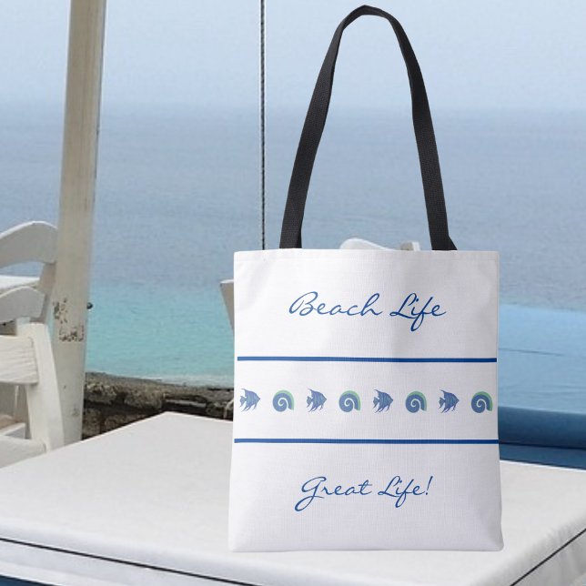 Tote Bag Bleu chic et blanc rayures Shell Fish Beach Life (Créateur téléchargé)