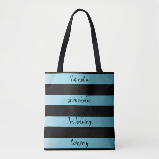 Tote Bag bleu ciel noir rayé avec citation (Devant)