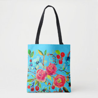 Tote Bag Bleu clair rose et fleurs de cerisier