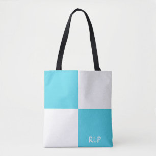 Tote Bag Bleu clair simple et Carrés blancs avec Monogramme