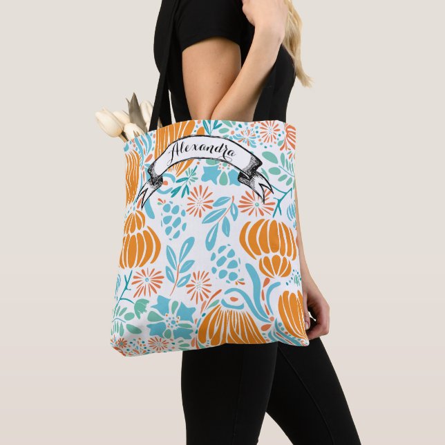 Tote Bag Bleu, corail et menthe Floral moderne (De près)