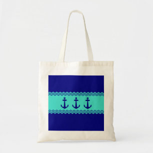 Tote Bag Bleu côtier Turquoise Ancre en bande Nautique