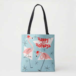 Tote Bag Bleu de Santa de Flamant rose bonnes fêtes partou