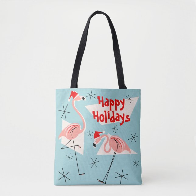 Tote Bag Bleu de Santa de Flamant rose bonnes fêtes partout (Devant)