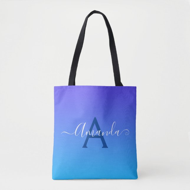 Tote Bag Bleu dégradé élégant Monogramme et nom (Devant)