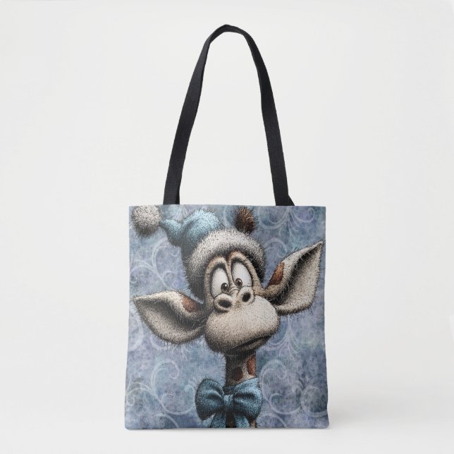 Tote Bag Bleu d'hiver Noël Girafe Mignon Avec Chapeau (Devant)