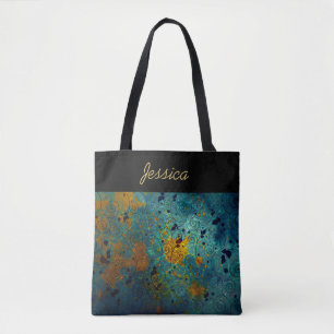 Tote Bag Bleu Élégant et Vigne Abstraite Dorée Personnalisé