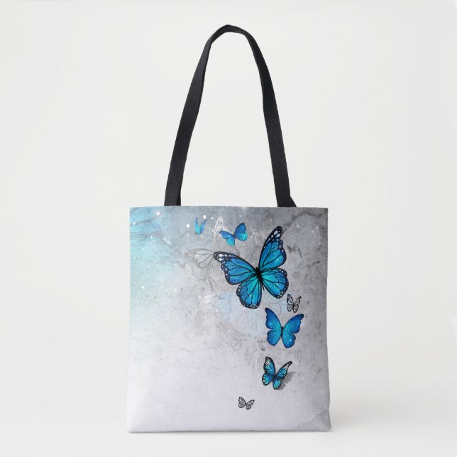 Tote Bag Bleu et argent Aquarelle papillons (Devant)