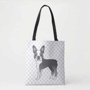 Tote Bag Bleu Et Blanc Boston Terrier Cartoon Chien & Paws