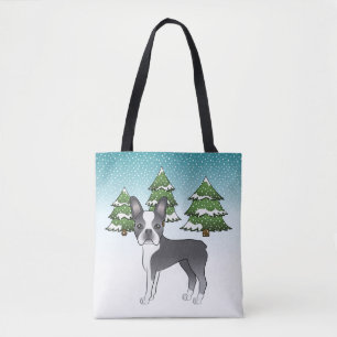 Tote Bag Bleu Et Blanc Boston Terrier Dans Une Forêt D'Hive