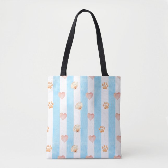 Tote Bag Bleu et blanc - Coeurs, Empreinte de patte, Coque (Devant)