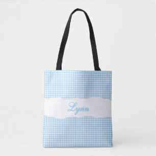 Tote Bag Bleu et Blanc Gingham Classique   Nom Personnalisé