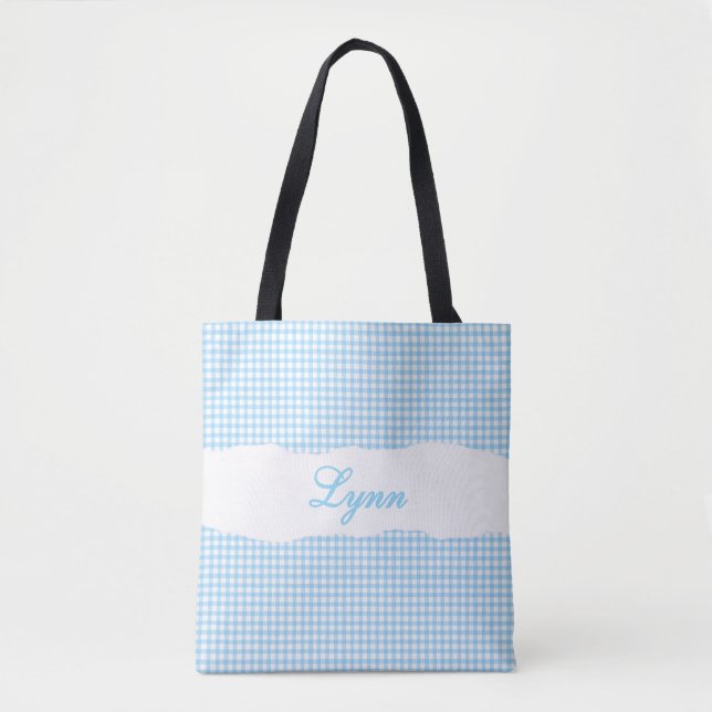 Tote Bag Bleu et Blanc Gingham Classique | Nom Personnalisé (Devant)