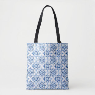 Tote Bag Bleu et blanc Italien aquarelle carreaux motif