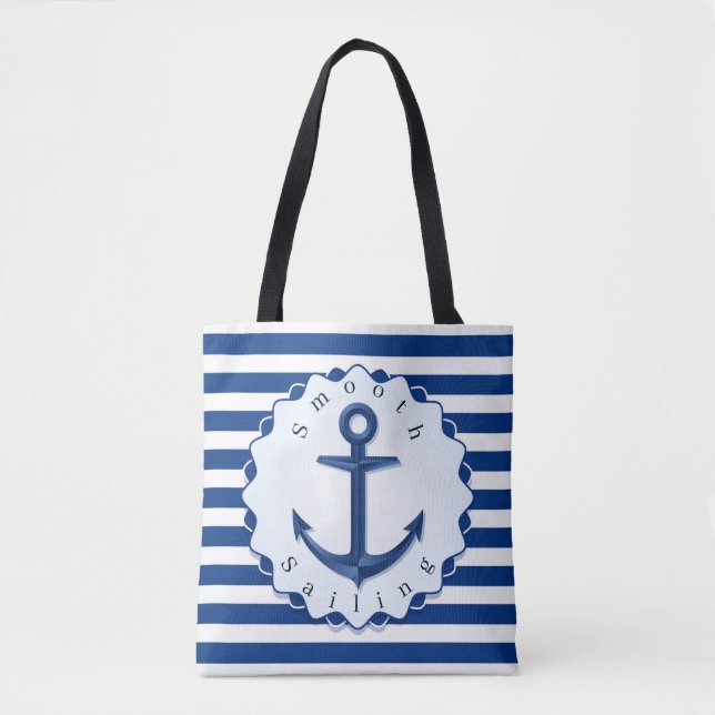 Tote Bag Bleu et blanc Trait horizontal avec Ancre (Devant)