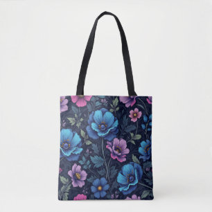 Tote Bag Bleu et fleurs mauves