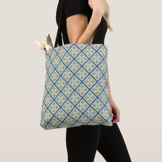 Tote Bag Bleu et jaune joli carrelage portugais motif (De près)