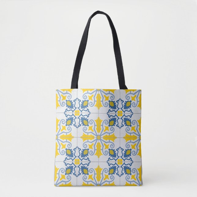 Tote Bag Bleu et jaune joli carrelage portugais motif (Devant)