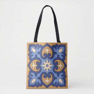 Tote Bag Bleu et Or Géométrique Floral
