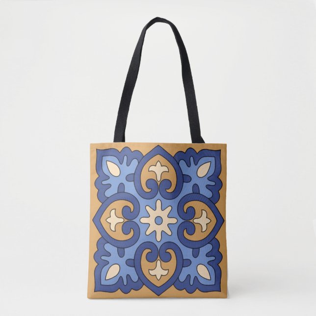 Tote Bag Bleu et Or Géométrique Floral (Devant)