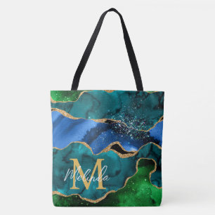 Tote Bag Bleu et vert Peacock Faux Parties scintillant Agat