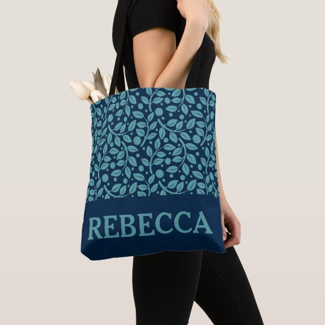 Tote Bag Bleu feuillus personnalisé (De près)