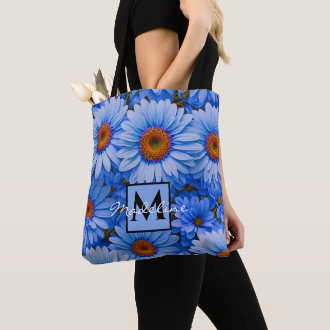 Tote Bag Bleu floral bleu tournesol bleu marguerite personn (De près)