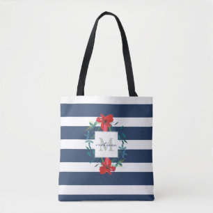 Tote Bag Bleu floral rouge et le blanc barre le monogramme