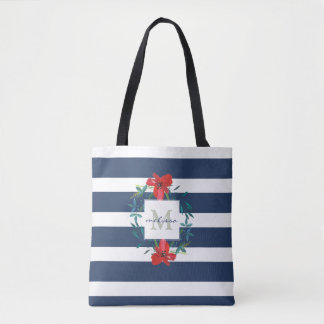 Tote Bag Bleu floral rouge et le blanc barre le monogramme