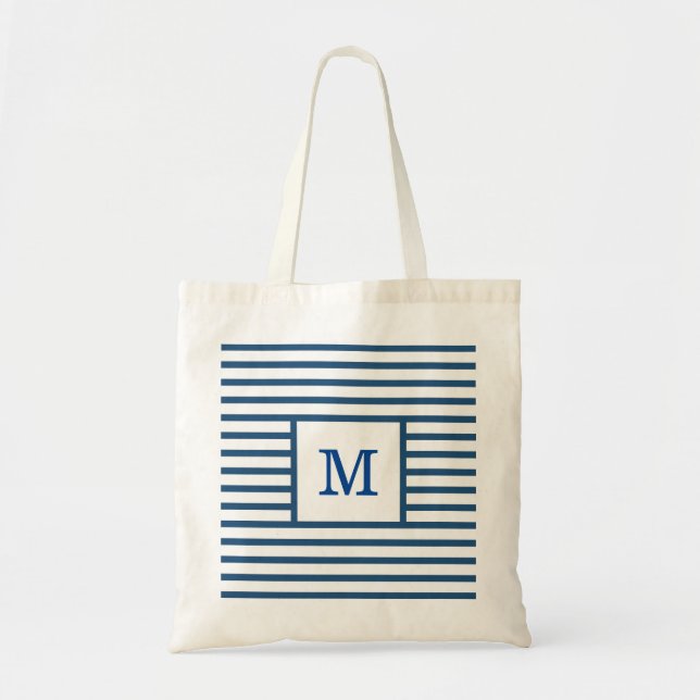 Tote Bag Bleu foncé et Blancs Monogramme personnalisé (Devant)