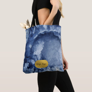 Tote Bag Bleu Gold Foil Crystals de mer Script de signature
