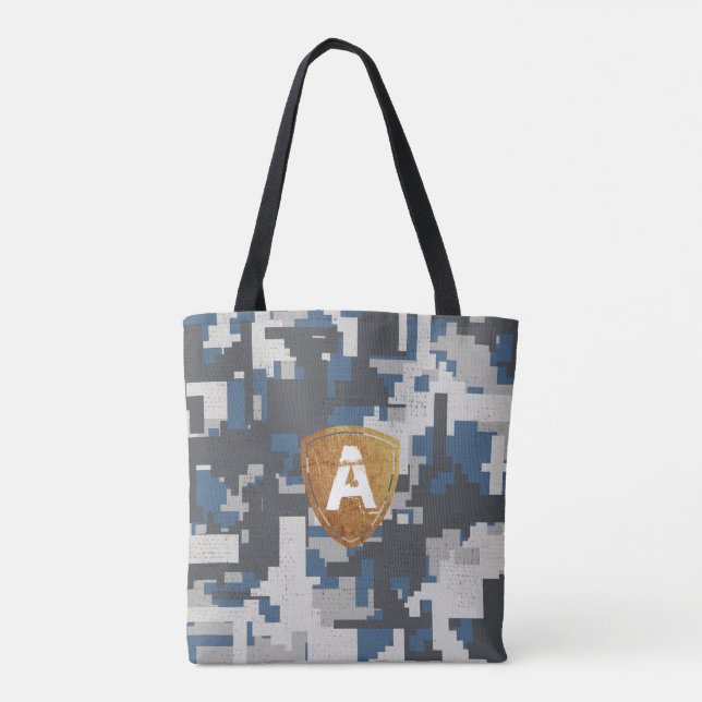 Tote Bag Bleu gris briques militaires avec votre Monogramme (Dos)