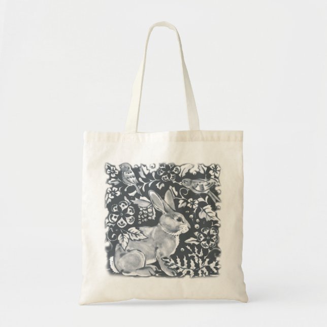 Tote Bag Bleu Gris Lapin Lapin Oiseau Floral Dedham Delft (Devant)