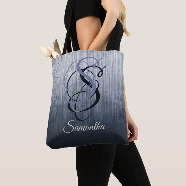 Tote Bag Bleu Gris monogramme rustique ombré rayé (De près)