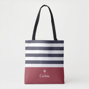 Tote Bag Bleu large Marine Rayures horizontales Nom rouge F