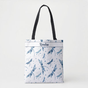 Tote Bag Bleu libellule sur signature blanche