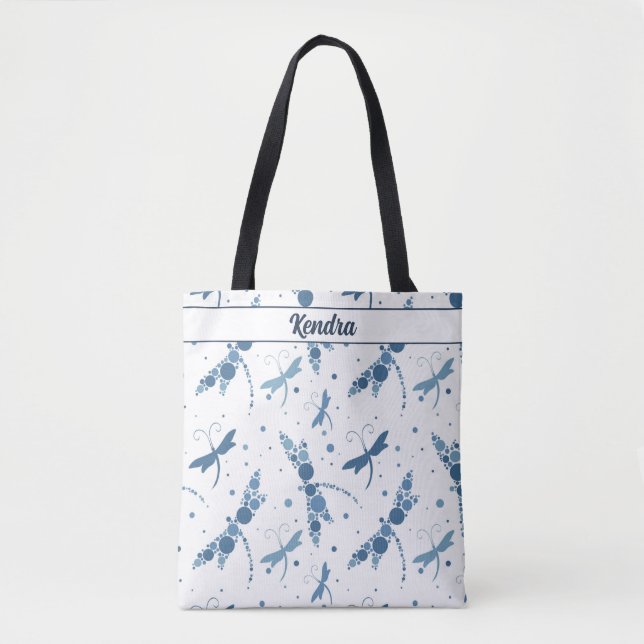 Tote Bag Bleu libellule sur signature blanche (Devant)