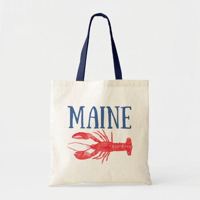Tote Bag Bleu Maine Texte Aquarelle rouge Homard (Devant)