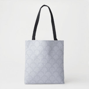 Tote Bag Bleu mandala vagues motif sur fond blanc