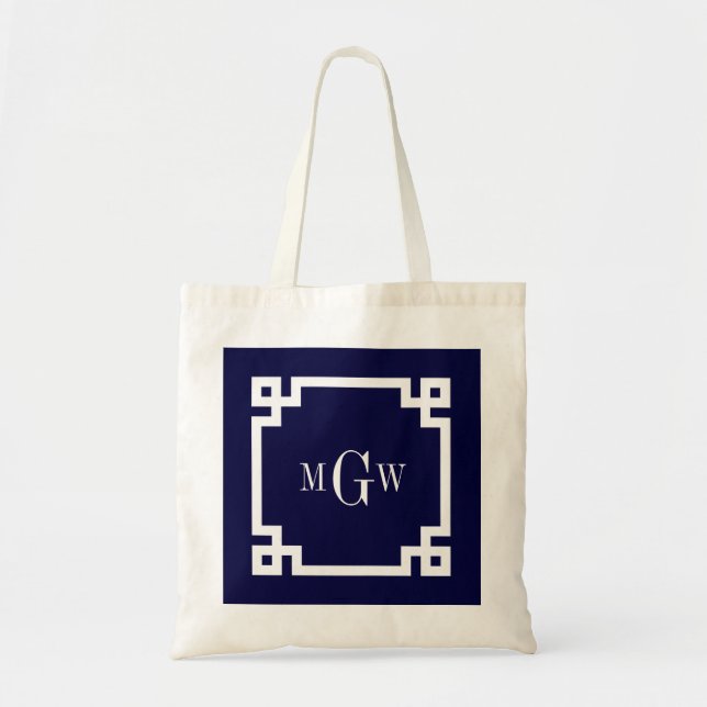 Tote Bag Bleu Marine Blanc Clé Grecque #2 Cadre 3 Initiale  (Devant)