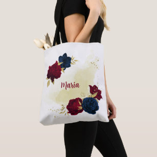 Tote Bag bleu marine et fleurs rouges or